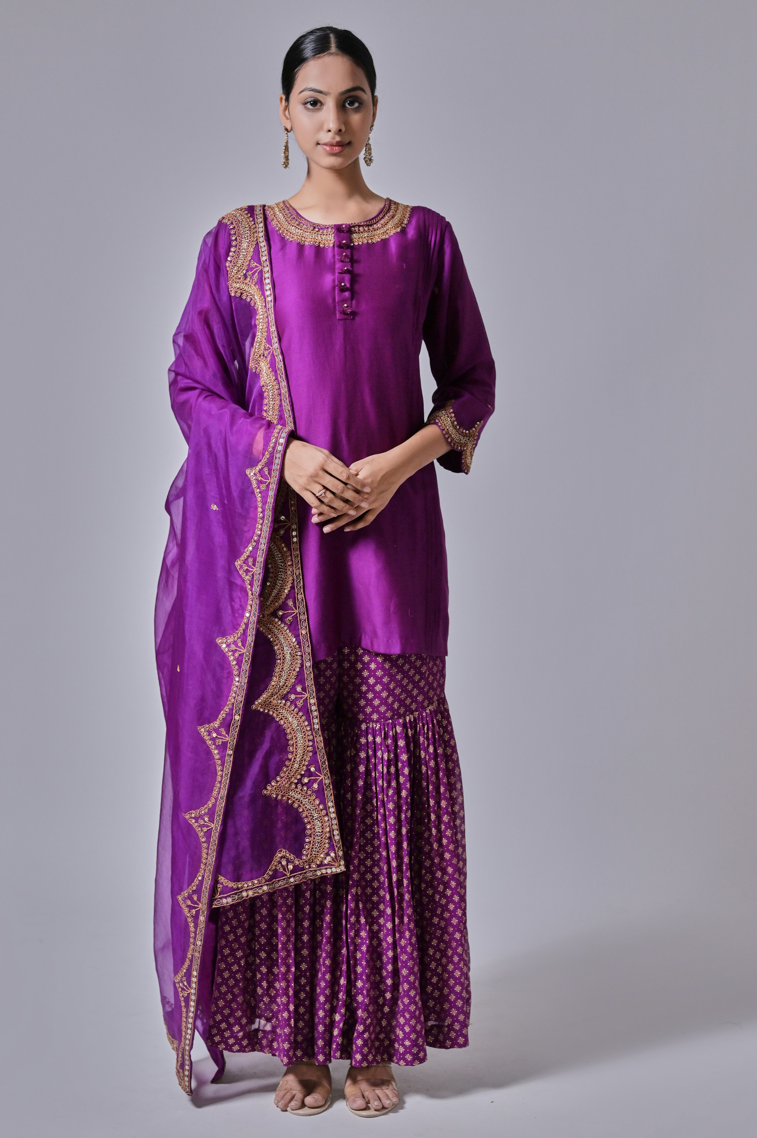Cotton Silk Purple Embroidered Sharara Suit